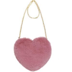 Women Dark Pink Imported Faux Fur Heart Shaped Cute Valentine Shoulder Bag
